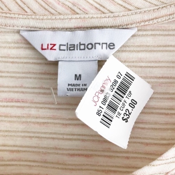 Liz Claiborne Cream Metallic Striped Tie Cuff Sleeves Pullover Top Medium - Picture 4 of 8